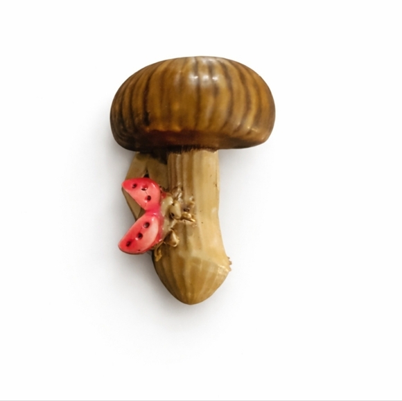 Accessories - 60s Era Rare Brown Mushroom Brooch with Red Ladybug